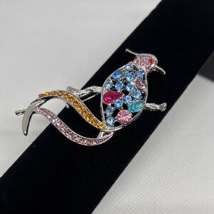 Elegant Silver Bird Brooch with Multicolor Crystals